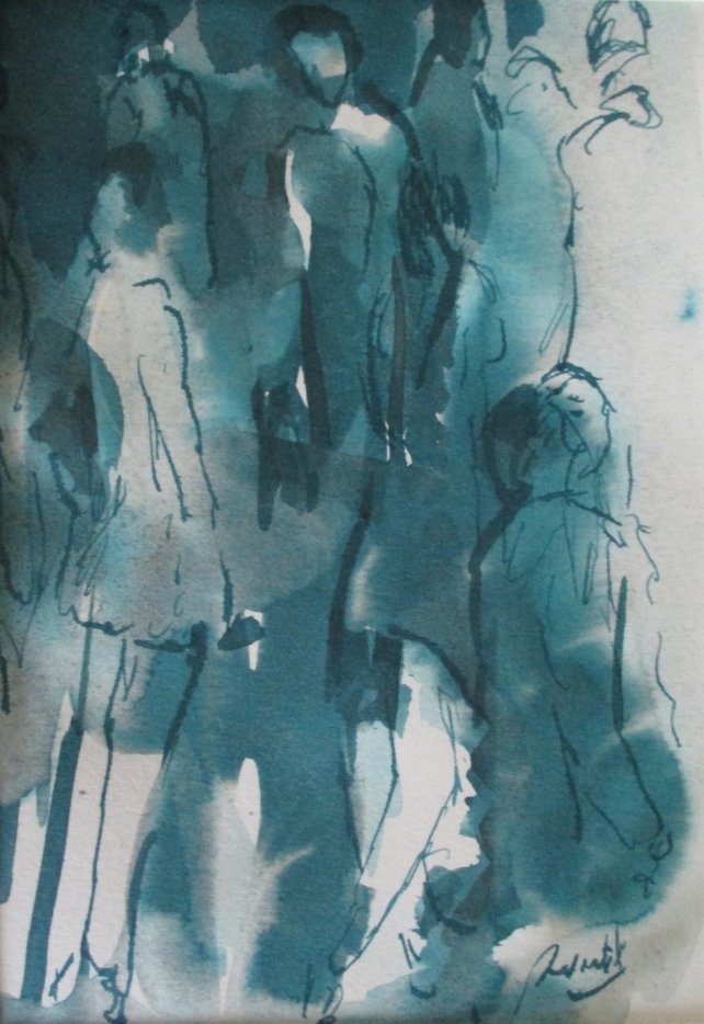 Œuvre de Pierre Quentel évoquant des silhouettes en mouvement