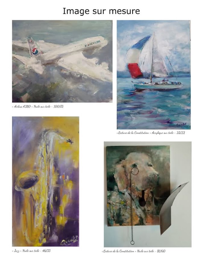 Quatre exemples de tableaux réalisés sur commande : avion, voilier, saxophone et portrait d’un chien